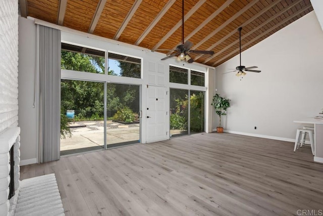 3404 Oak Cliff Dr Unit 2, Fallbrook, CA 92028 - unfurnished living room featuring high vaulted ceiling, baseboards, ceiling fan, wood ceiling with exposed beams, and wood finished floors