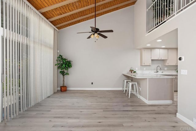 3404 Oak Cliff Dr Unit 2, Fallbrook, CA 92028 - living area featuring high vaulted ceiling, ceiling fan, baseboards, light wood finished floors, and wood ceiling with exposed beams