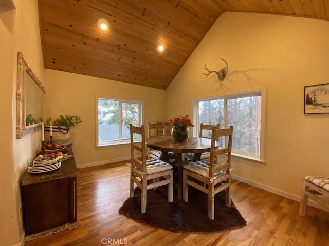53434 Redwood Dr Unit B, Springville, CA 93265 - dining space featuring wood ceiling, light wood-style flooring, baseboards, and high vaulted ceiling