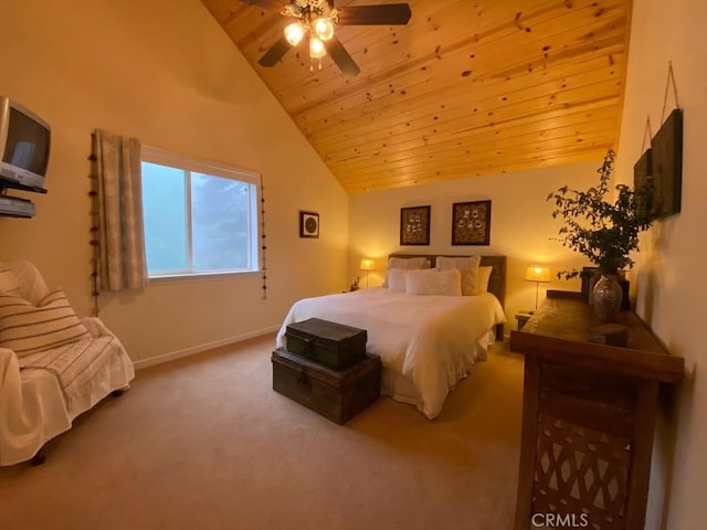 53434 Redwood Dr Unit B, Springville, CA 93265 - carpeted bedroom featuring wooden ceiling, baseboards, ceiling fan, and high vaulted ceiling