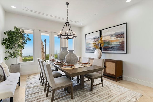 12 Via Avoria, Newport Coast, CA 92657 - dining room with light tile patterned floors, a chandelier, baseboards, and recessed lighting