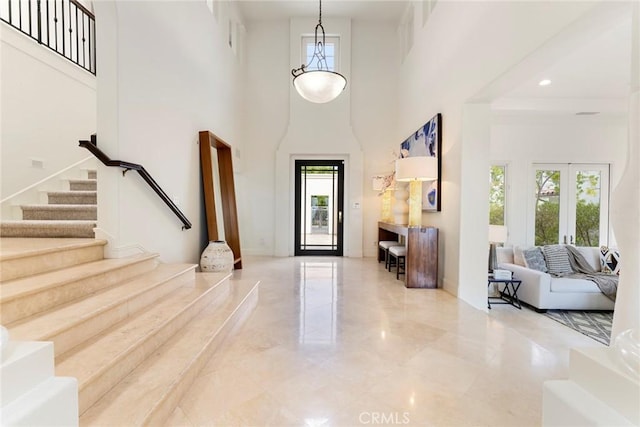12 Via Avoria, Newport Coast, CA 92657 - foyer with stairway, a towering ceiling, marble tiled flooring, and recessed lighting