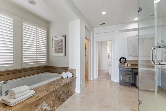 12 Via Avoria, Newport Coast, CA 92657 - bathroom featuring a bath, a stall shower, recessed lighting, and vanity