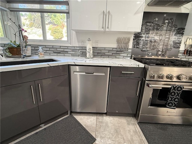 20630 Collegewood Dr, Walnut, CA 91789 - kitchen featuring stainless steel appliances, decorative backsplash, light stone counters, and modern cabinets