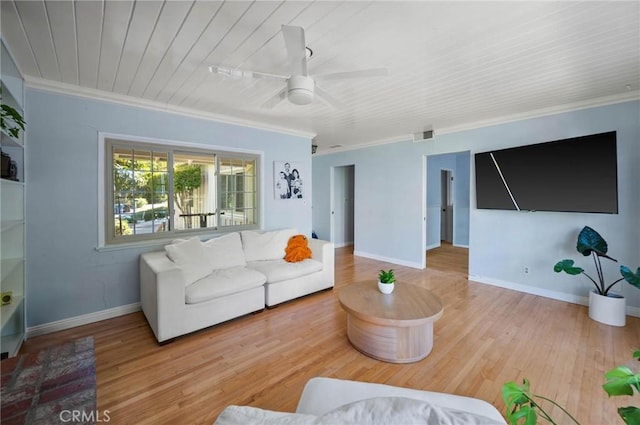 20955 De Mina St, Woodland Hills, CA 91364 - living room with crown molding, wood finished floors, baseboards, a ceiling fan, and wooden ceiling