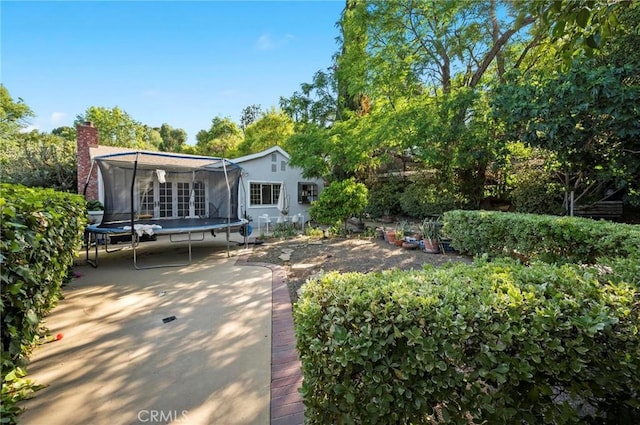 20955 De Mina St, Woodland Hills, CA 91364 - back of house with a trampoline, a chimney, and view of scattered trees
