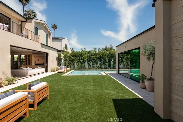 4314 Teesdale Ave, Studio City, CA 91604 - view of grassy yard featuring an outdoor living space, a balcony, and an outdoor pool