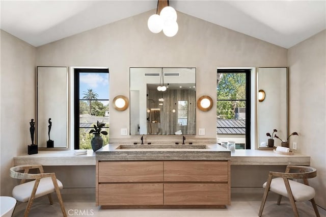 4314 Teesdale Ave, Studio City, CA 91604 - full bath with double vanity, a shower, and high vaulted ceiling