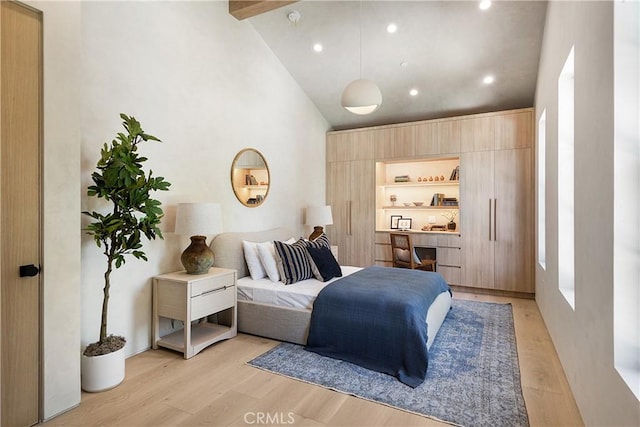 4314 Teesdale Ave, Studio City, CA 91604 - bedroom featuring light wood-style floors, recessed lighting, high vaulted ceiling, and beamed ceiling