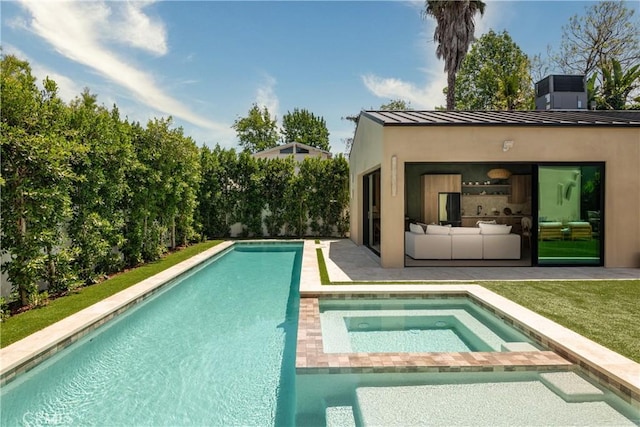 4314 Teesdale Ave, Studio City, CA 91604 - view of swimming pool featuring an outdoor structure, a patio area, and a pool with connected hot tub