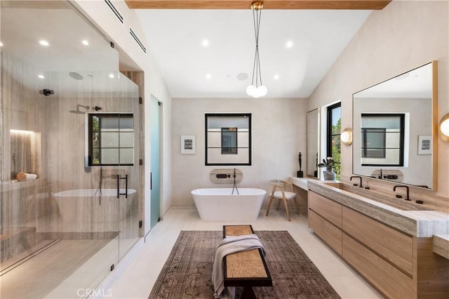 4314 Teesdale Ave, Studio City, CA 91604 - bathroom with a stall shower, double vanity, plenty of natural light, a soaking tub, and recessed lighting