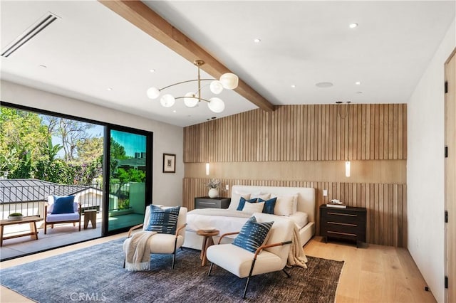 4314 Teesdale Ave, Studio City, CA 91604 - bedroom with access to exterior, light wood-type flooring, beamed ceiling, a chandelier, and wooden walls
