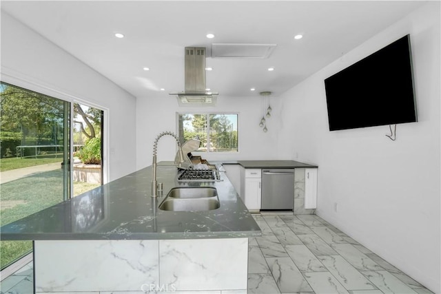 9455 Brandon Ct, Northridge, CA 91325 - kitchen with stainless steel dishwasher, light marble finish flooring, plenty of natural light, and recessed lighting