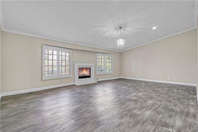 9455 Brandon Ct, Northridge, CA 91325 - unfurnished living room featuring a chandelier, wood finished floors, crown molding, and a warm lit fireplace