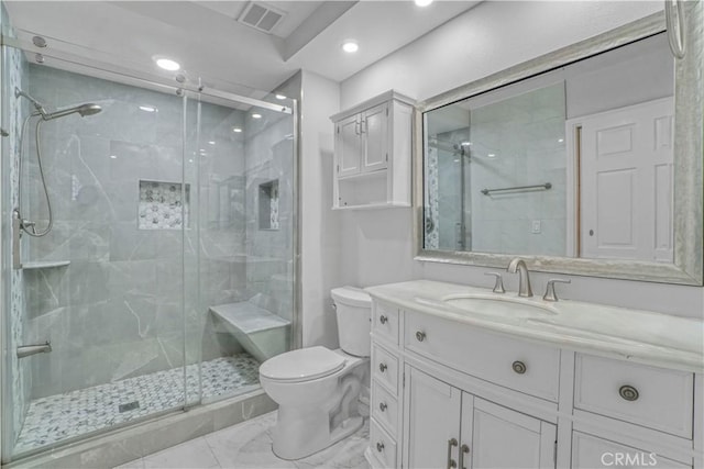 9455 Brandon Ct, Northridge, CA 91325 - bathroom with recessed lighting, a stall shower, vanity, and marble look tile flooring
