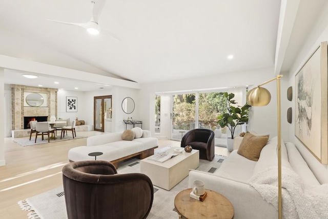 233233A Cole Ranch Rd, Encinitas, CA 92024 - living room with vaulted ceiling, recessed lighting, a large fireplace, and a ceiling fan