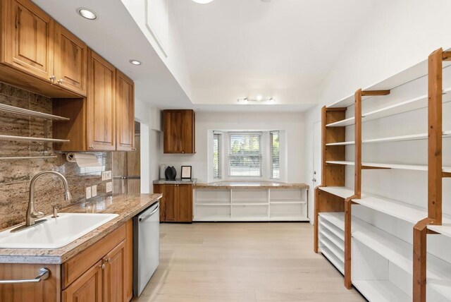 233233A Cole Ranch Rd, Encinitas, CA 92024 - kitchen featuring a sink, stainless steel dishwasher, decorative backsplash, open shelves, and brown cabinets