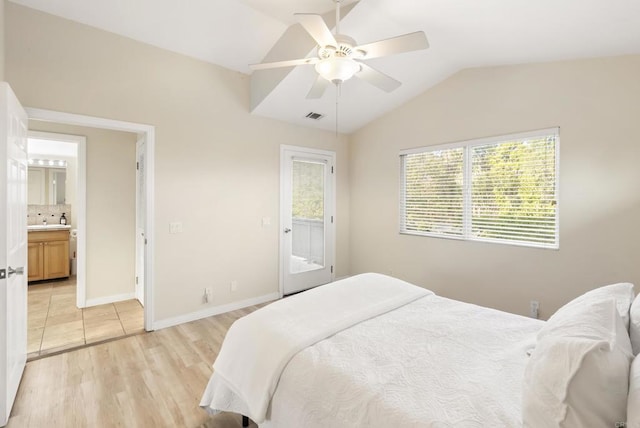 233233A Cole Ranch Rd, Encinitas, CA 92024 - bedroom with vaulted ceiling, light wood-style floors, access to outside, a ceiling fan, and ensuite bathroom