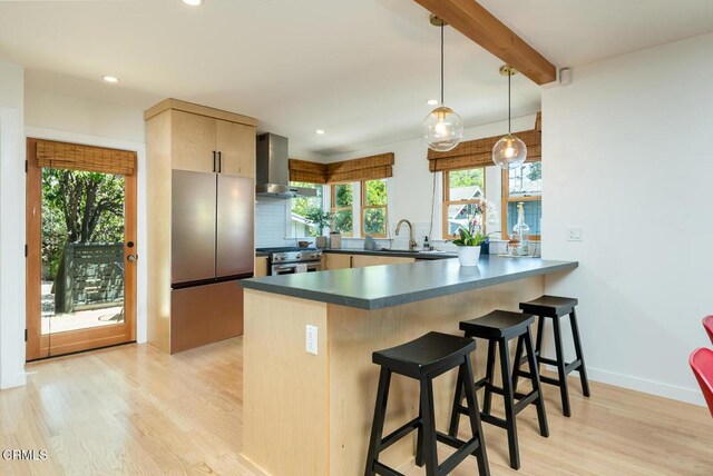 1828 Woodrow Ave, Los Angeles, CA 90041 - kitchen featuring wall chimney range hood, appliances with stainless steel finishes, a peninsula, light wood finished floors, and dark countertops