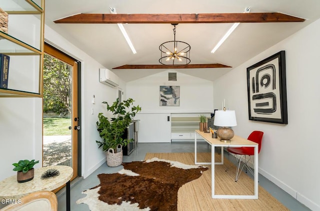 1828 Woodrow Ave, Los Angeles, CA 90041 - office area featuring a chandelier, an AC wall unit, baseboards, and concrete floors