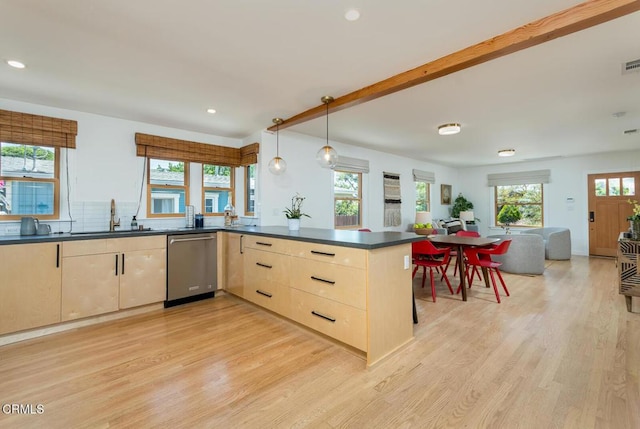 1828 Woodrow Ave, Los Angeles, CA 90041 - kitchen with light brown cabinetry, dishwasher, a sink, light wood-type flooring, and open floor plan