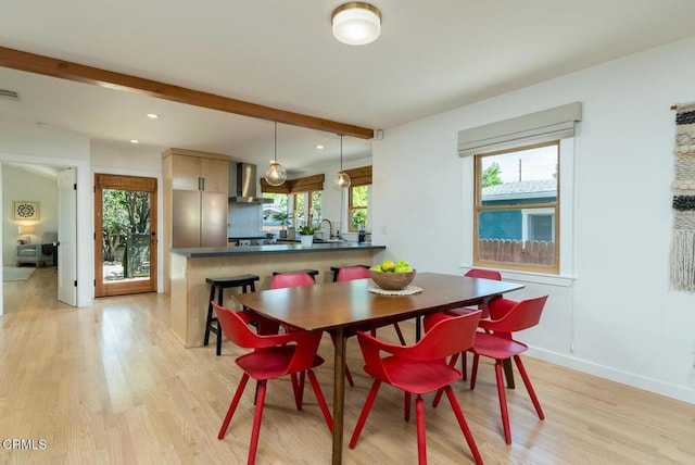 1828 Woodrow Ave, Los Angeles, CA 90041 - dining space featuring light wood finished floors, recessed lighting, baseboards, and beam ceiling
