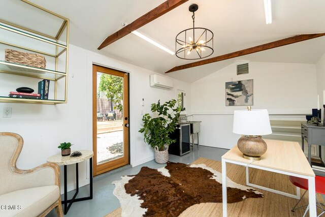 1828 Woodrow Ave, Los Angeles, CA 90041 - home office featuring a wall mounted air conditioner, a chandelier, and concrete flooring
