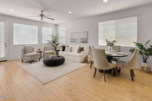953 Coronado Cir, Santa Paula, CA 93060 - living area with a ceiling fan, recessed lighting, light wood-style floors, and baseboards