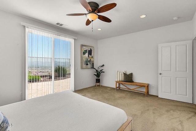 953 Coronado Cir, Santa Paula, CA 93060 - bedroom featuring light carpet, access to exterior, recessed lighting, a ceiling fan, and baseboards