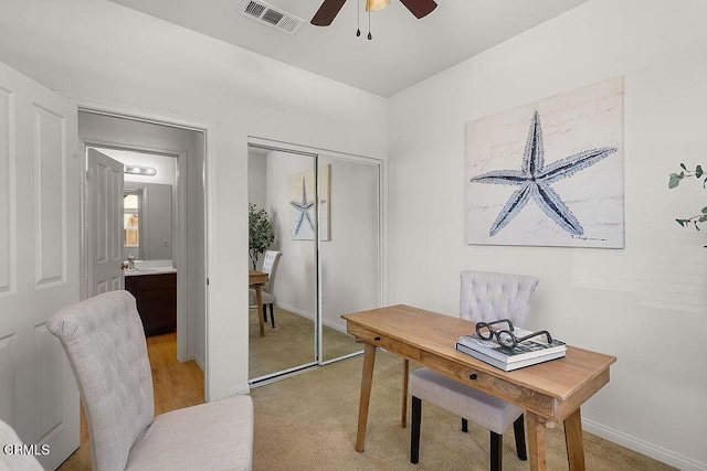 953 Coronado Cir, Santa Paula, CA 93060 - home office with a ceiling fan, light carpet, a sink, and baseboards