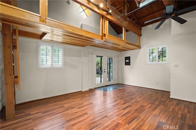 11022 Fruitland Dr, Studio City, CA 91604 - unfurnished room featuring high vaulted ceiling, healthy amount of natural light, wood finished floors, ceiling fan, and wood ceiling with exposed beams