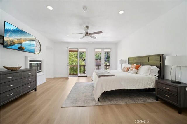 25422 Magnolia Ln, Stevenson Ranch, CA 91381 - bedroom with light wood-style floors, access to outside, recessed lighting, baseboards, and ceiling fan