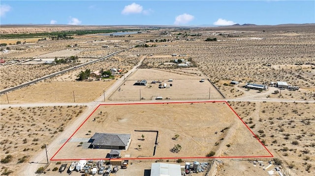 22489 Sweet Pea Rd, Oro Grande, CA 92368 - overview of rural landscape with a desert landscape, property parcel outlined, and a mountainous background