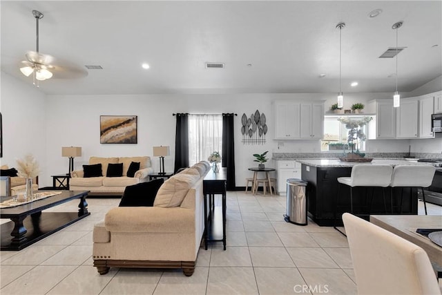 22489 Sweet Pea Rd, Oro Grande, CA 92368 - living room featuring light tile patterned floors, ceiling fan, and recessed lighting