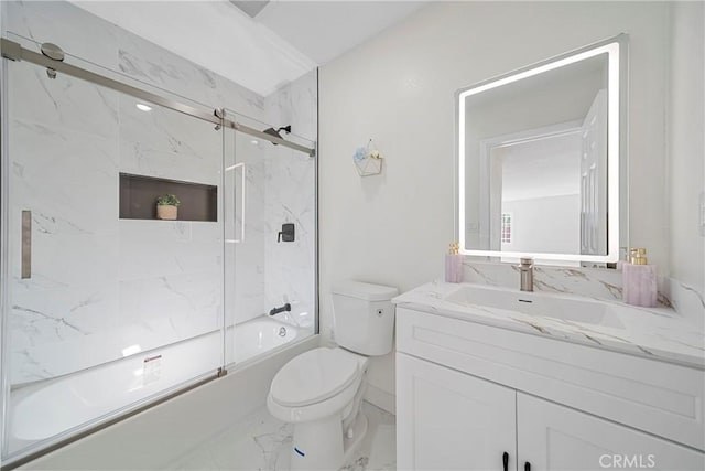 3825 Welland Ave, Los Angeles, CA 90008 - bathroom featuring combined bath / shower with glass door, toilet, vanity, and marble finish floors