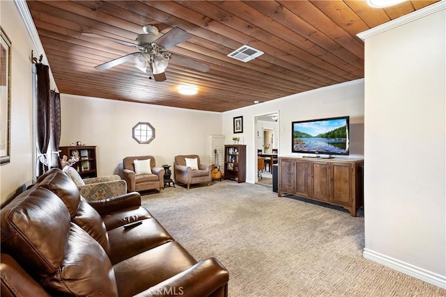 12713 16th St, Chino, CA 91710 - carpeted living room featuring wood ceiling, crown molding, ceiling fan, and baseboards