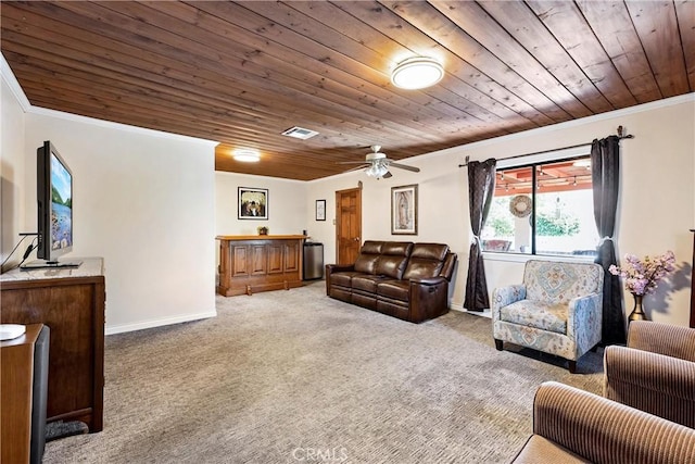 12713 16th St, Chino, CA 91710 - carpeted living area featuring wooden ceiling, crown molding, bar, baseboards, and a ceiling fan