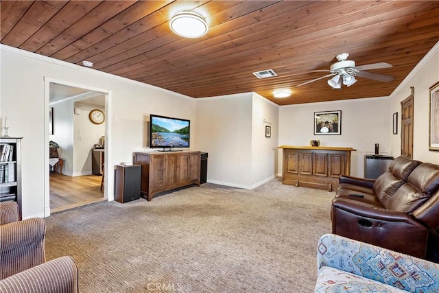 12713 16th St, Chino, CA 91710 - living area with wooden ceiling, ornamental molding, light colored carpet, baseboards, and ceiling fan