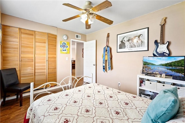 12713 16th St, Chino, CA 91710 - bedroom featuring wood finished floors, a closet, and ceiling fan