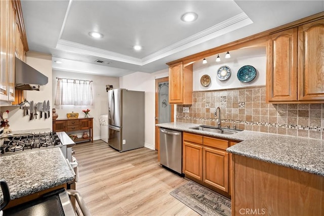 12713 16th St, Chino, CA 91710 - kitchen featuring appliances with stainless steel finishes, a sink, range hood, a raised ceiling, and ornamental molding