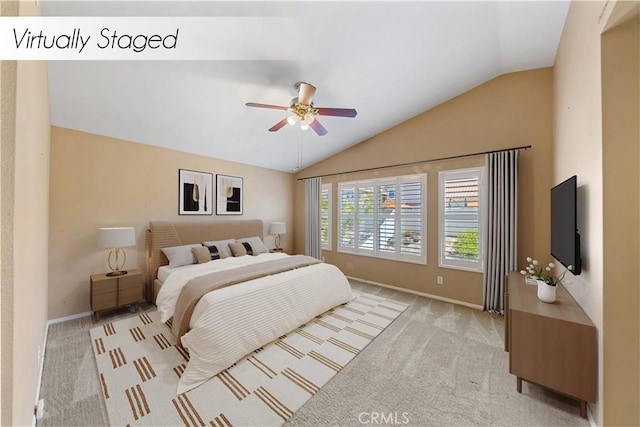 24030 Colmar Ln, Murrieta, CA 92562 - carpeted bedroom featuring lofted ceiling, baseboards, and a ceiling fan