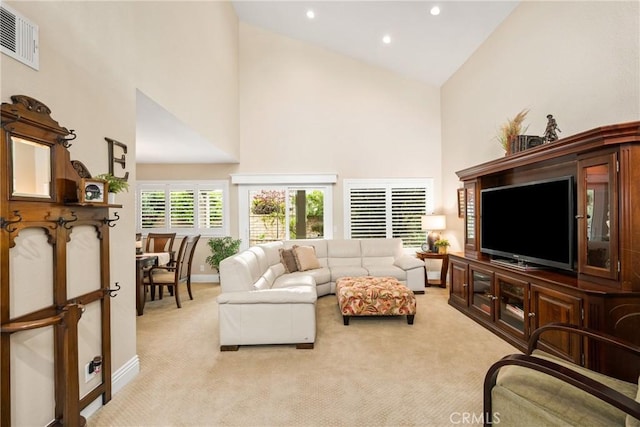 293 N Paseo De Juan, Anaheim Hills, CA 92807 - living room with high vaulted ceiling, light carpet, baseboards, and recessed lighting
