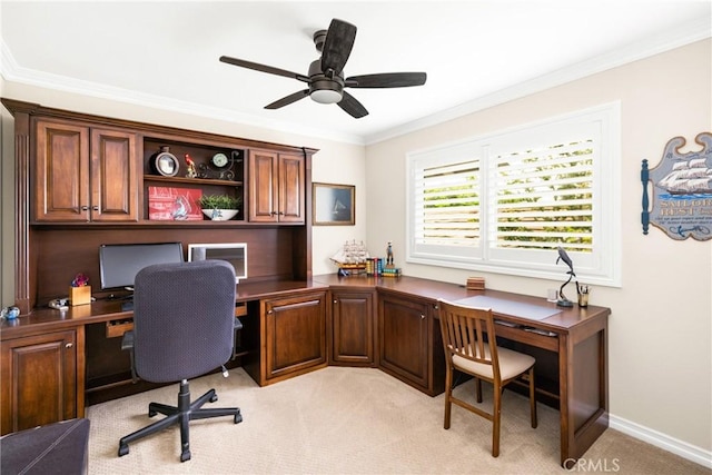 293 N Paseo De Juan, Anaheim Hills, CA 92807 - home office with a ceiling fan, light carpet, and ornamental molding