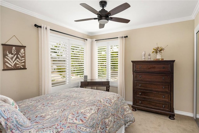 293 N Paseo De Juan, Anaheim Hills, CA 92807 - bedroom with light colored carpet, baseboards, ornamental molding, and ceiling fan