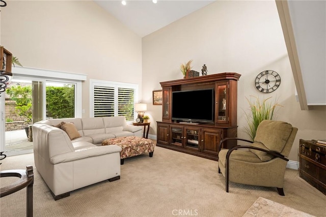 293 N Paseo De Juan, Anaheim Hills, CA 92807 - carpeted living room featuring high vaulted ceiling, baseboards, and a baseboard radiator