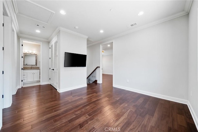 130 Alta St Unit B, Arcadia, CA 91006 - unfurnished living room featuring dark wood-style flooring, baseboards, recessed lighting, and crown molding