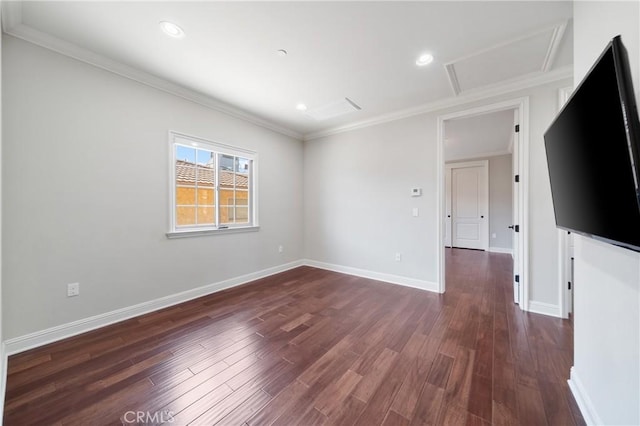 130 Alta St Unit B, Arcadia, CA 91006 - empty room featuring dark wood-type flooring, attic access, baseboards, crown molding, and recessed lighting