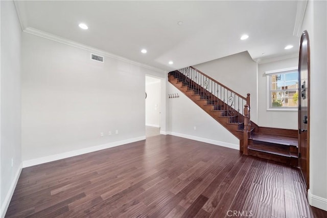 130 Alta St Unit B, Arcadia, CA 91006 - unfurnished living room with ornamental molding, stairway, dark wood-type flooring, baseboards, and recessed lighting