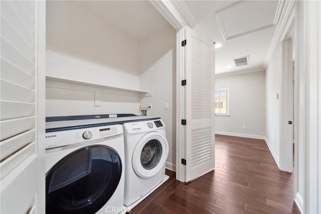 130 Alta St Unit B, Arcadia, CA 91006 - laundry area with separate washer and dryer, crown molding, dark wood-style flooring, baseboards, and attic access