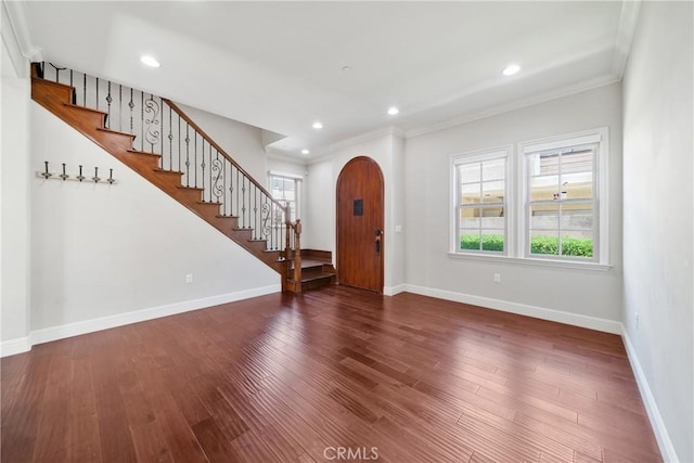 130 Alta St Unit B, Arcadia, CA 91006 - foyer featuring arched walkways, stairway, baseboards, crown molding, and recessed lighting